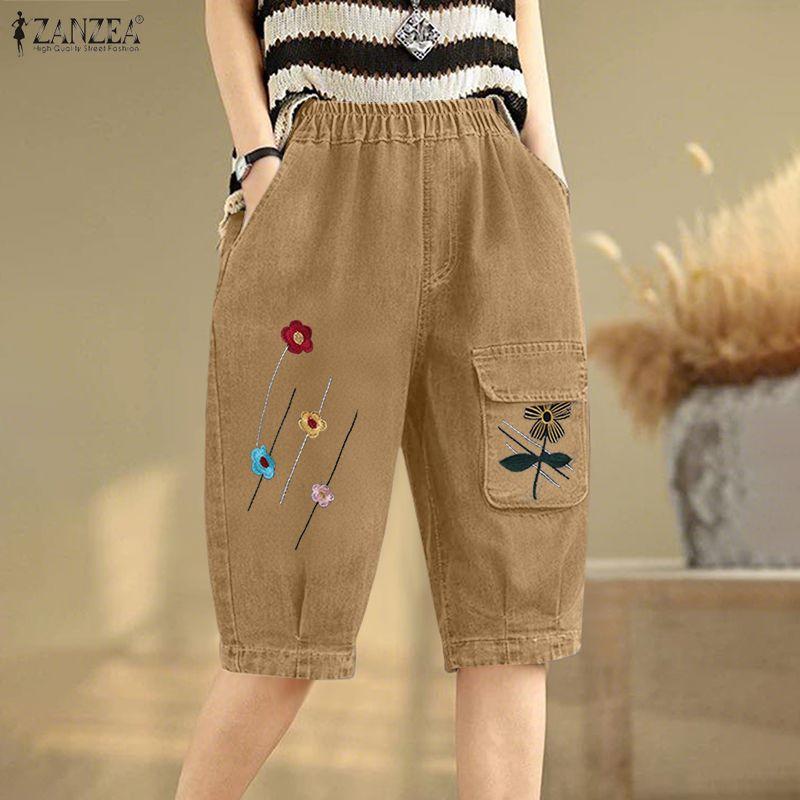 ZANZEA Women Summer Floral Print Elastic Waist Casual Capris Pants