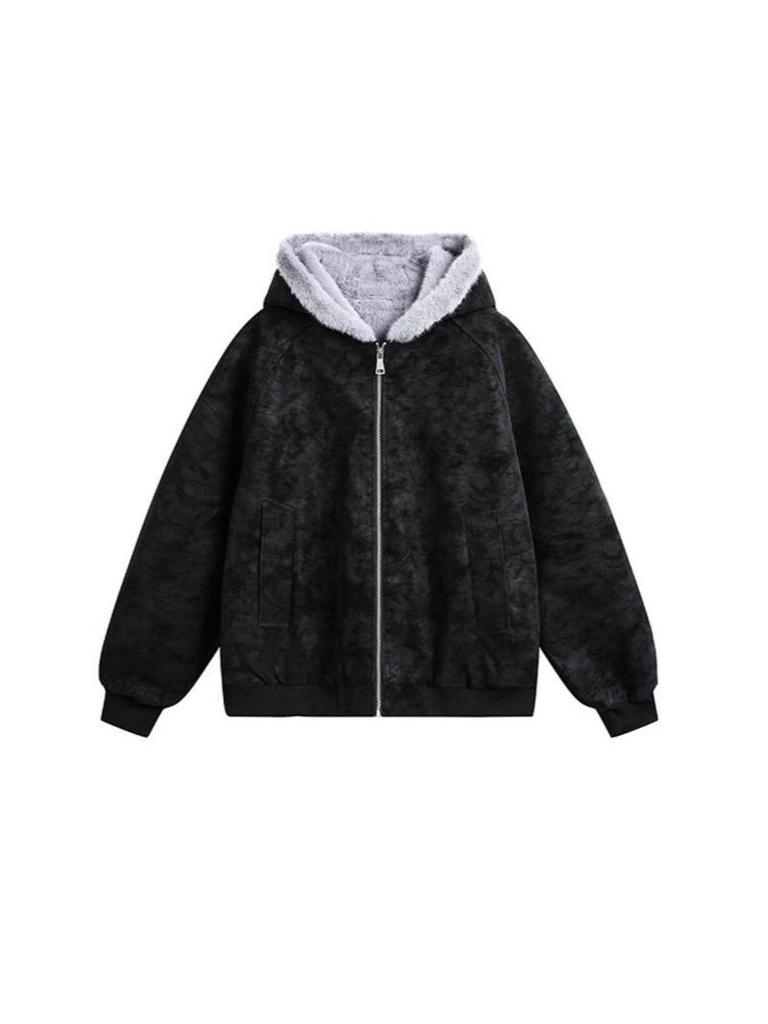 Unisex-Jacke aus robustem PU-Leder mit Litschi-Muster, Pelzkragen, dick gefüttert für den Winter, plus Samt, Kapuzen-Baumwolljacke für Paare.