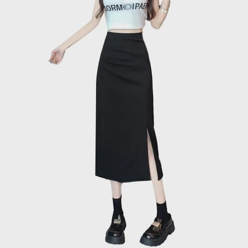 Fusta plisată în formă de A roz pentru femei: Talie înaltă, lungime mijlocie, design cu fante