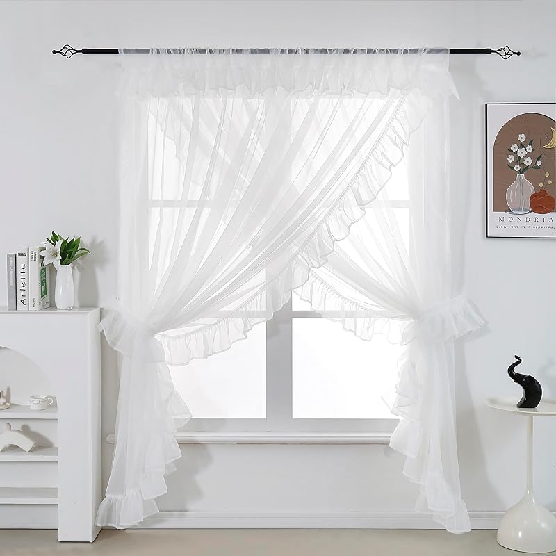 Shabby Chic Double Layer Sheer Ruffled Priscilla Rod Pocket Window Curtain Panel with Tiebacks White 100" W X 84" L