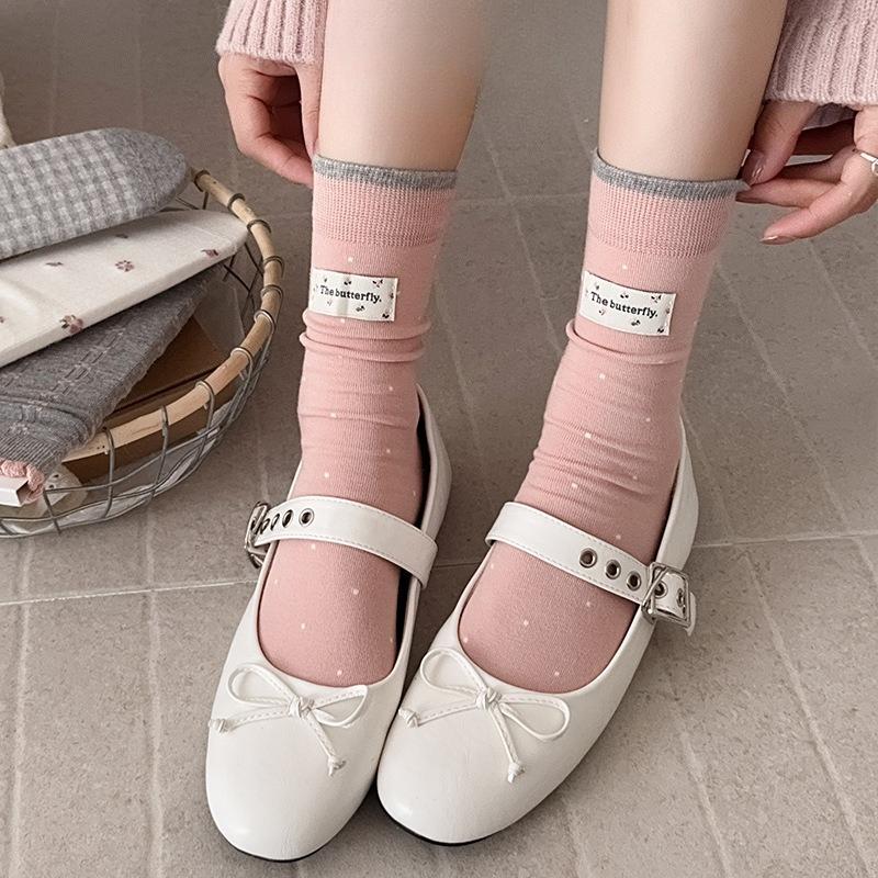 Damsockor i bomull för höst och vinter, Grårosa tygmärke Benfria frottésockor, Mångsidiga medelhöga strumpor för tjejer