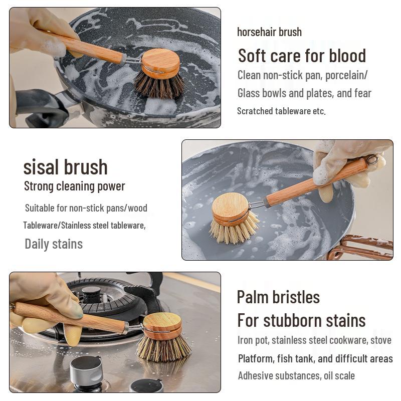 Eco-Friendly Natural Sisal Pot Brush with Soft Coconut & Horsehair Bristles - Replaceable Head for Non-Stick Pans