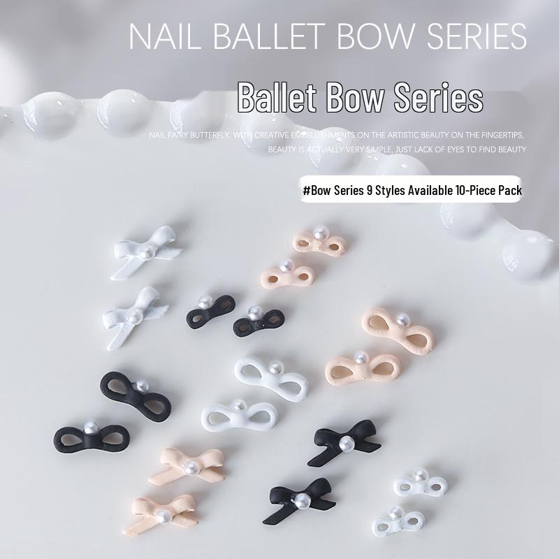 

Ballet Bow Nail Art: Solid Ribbon with Pearl and Rhinestone Decorations, 10 pcs