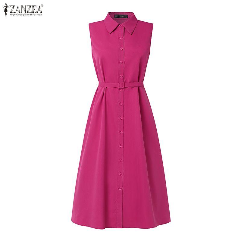 ZANZEA Women Casual Turn Down Collar Elegant Sleeveless Dress