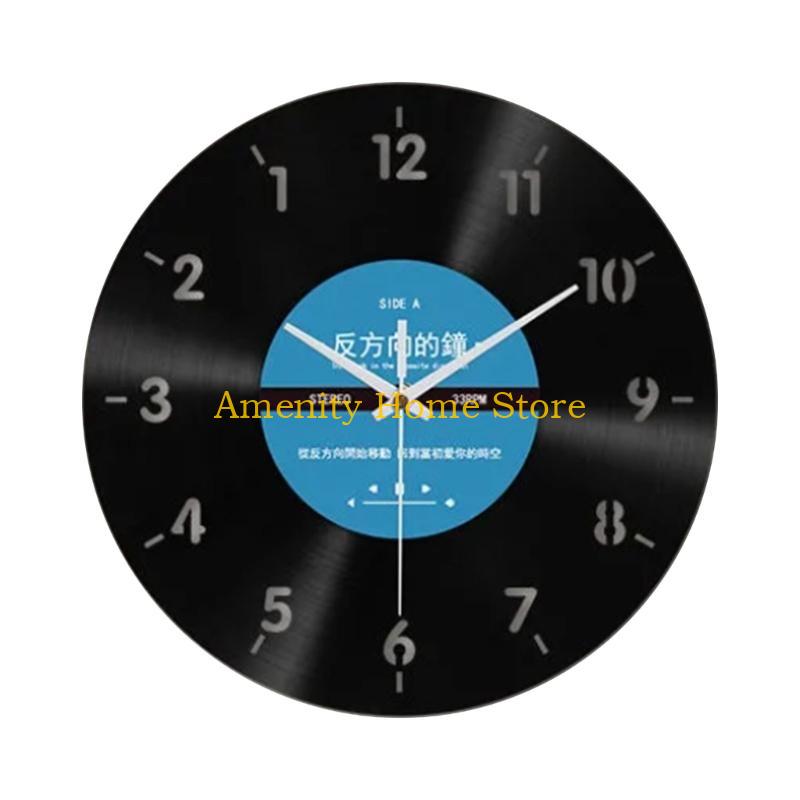 F26C Unique Vinyls Record Backwards Reverse Wall Clock 12Inch Counterclockwise Decorative Clock for Home and Office Decors