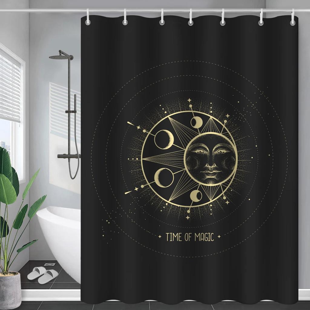Black Mysticism Shower Curtain Liner Sun and Moon Modern Waterproof Bathroom Curtains Accessories with 12 Hooks Bathtub Curtain