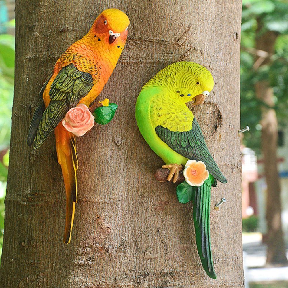 Simulated Animal Sculpture Wall Mounted Bird Figurines Budgerigar Parrot Statue  Flowerpot