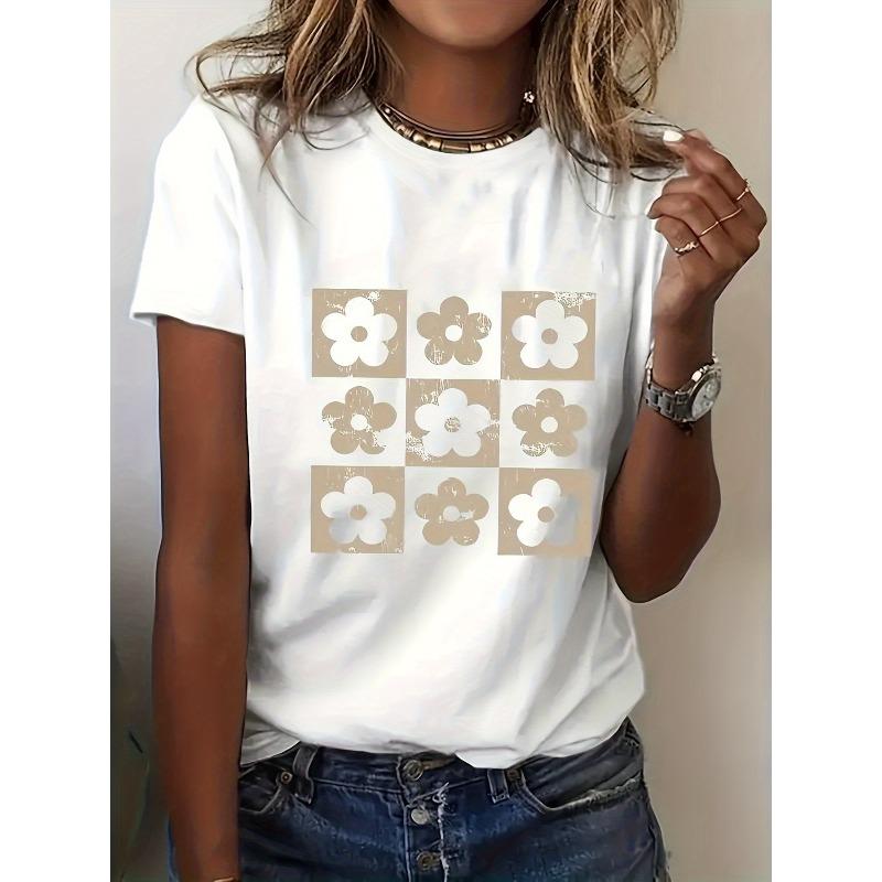 

Женская повседневная футболка с коротким рукавом, европейский размер - Белый, геометрический цветочный принт, дышащая ткань, летний топ с круглым вырезом S белый