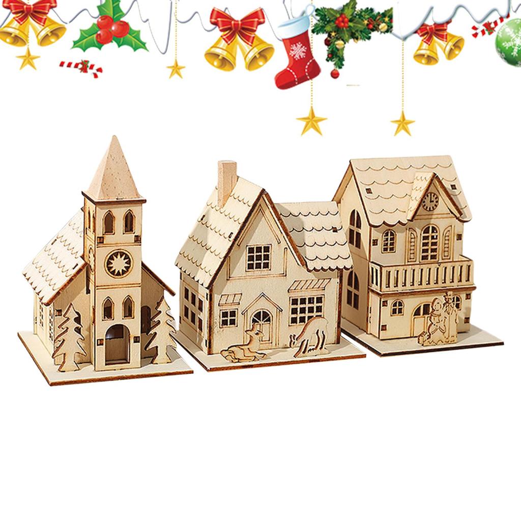 3pcs Wooden Glow Village Houses LED Luminous Table Christmas Cabin Snow House Christmas Tree Decoration Gift Window Display