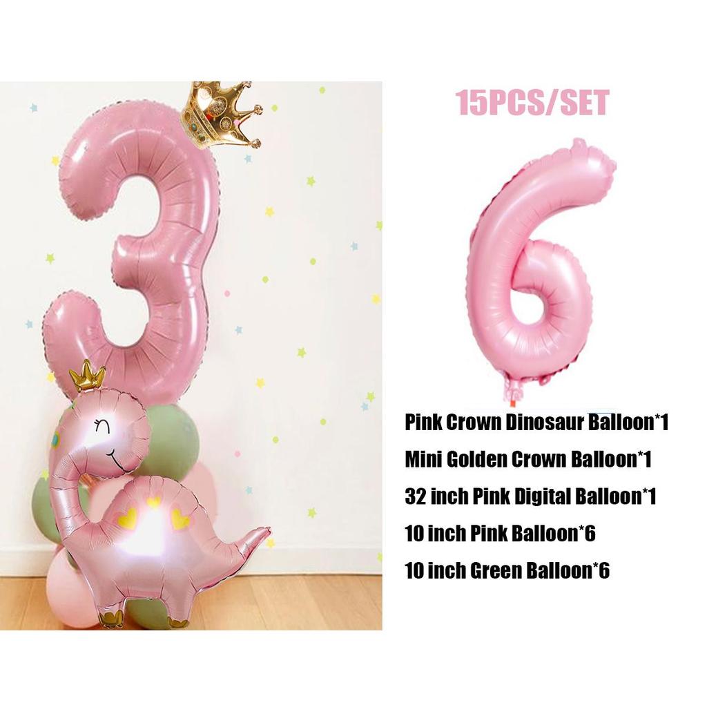 Torre de balões de dinossauro verde rosa com balão de número de 32 polegadas para decoração de festa de aniversário faça você mesmo com dinossauro para meninas