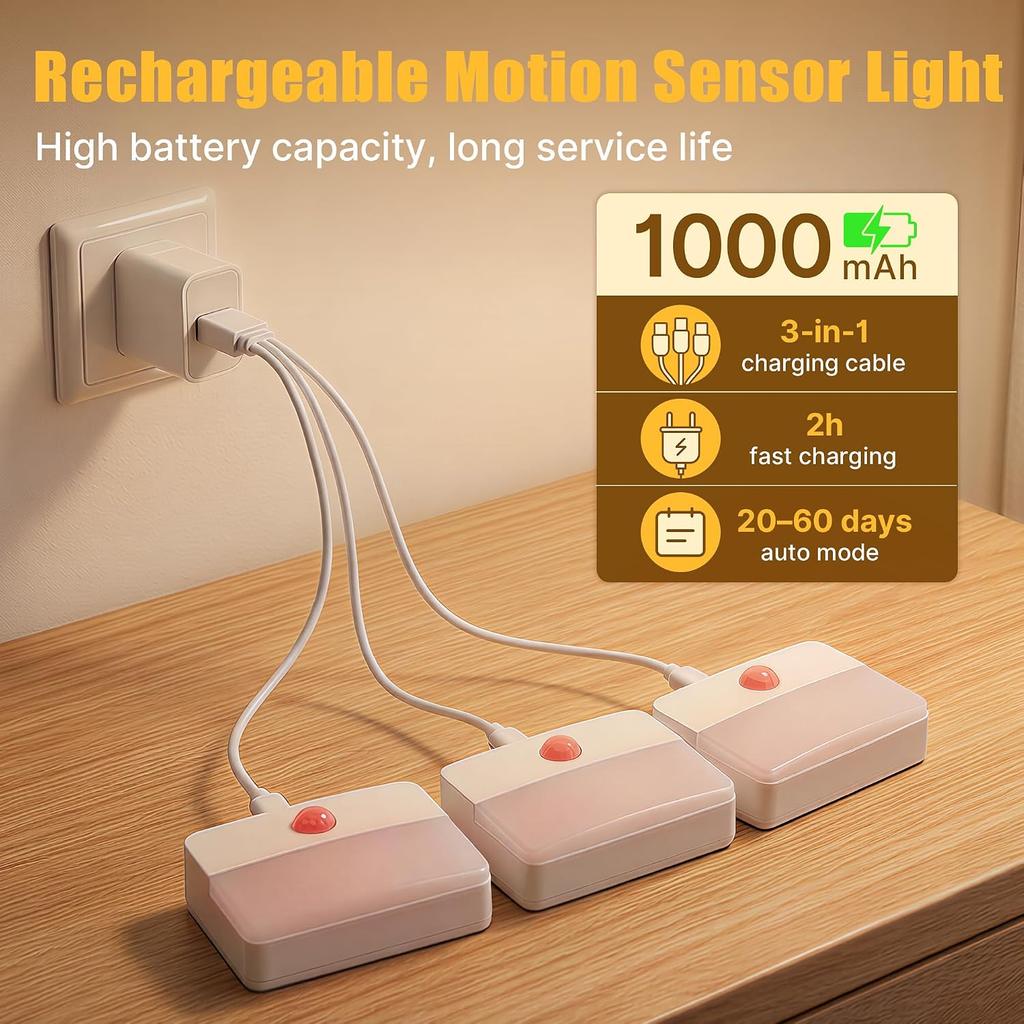 6 Pack Rechargeable Stair Lights Indoor, Motion Sensor Night Light | Automatic Activated, Magnetic, Battery Operated LED Wireless Lamp for Step