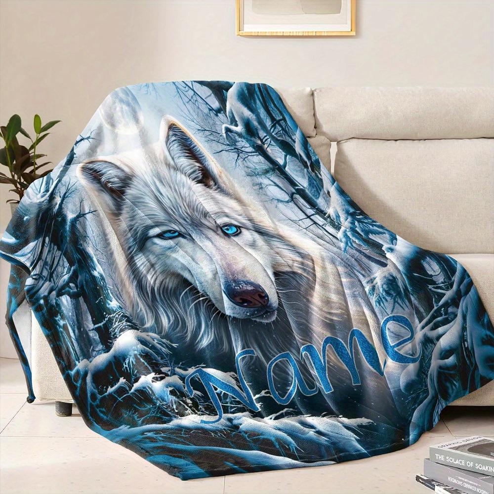 1 Customized Wolf Themed Blanket with Personalized Name, Soft Flannel Material, Winter Forest Design, Moon and Snowflakes