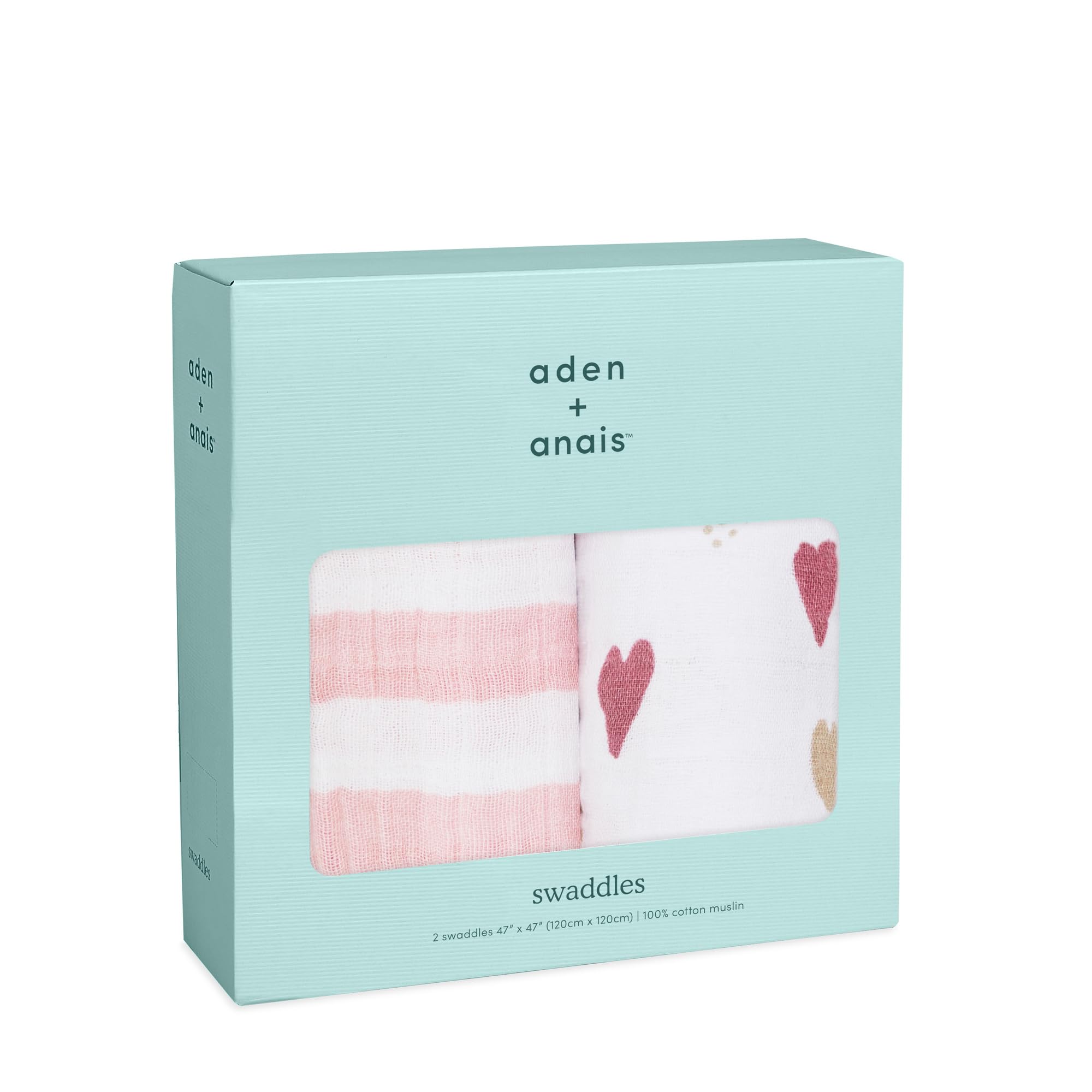 aden + anais Пеленальные одеяла Heartbreaker, Набор из 2 шт., 120x120 см, Муслиновый хлопок, Подарок для малыша, SWADAB4055