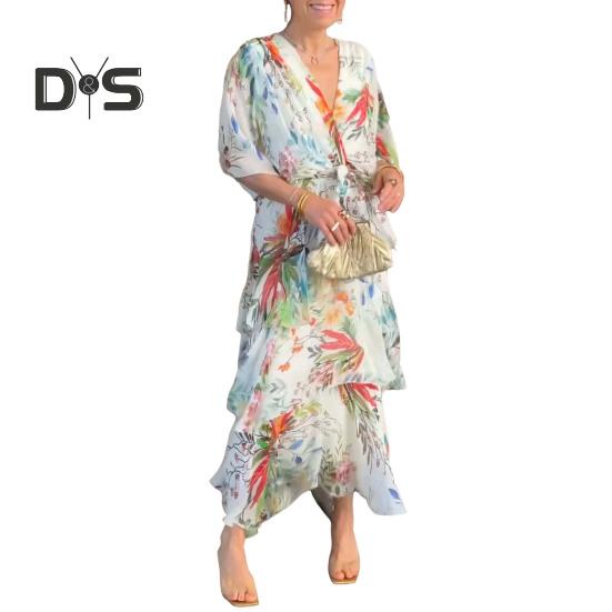 Women Dress Multi-layered Hem Lace-up Slim Waist Colorful Printing Maxi Dress Mid Sleeve V Neck Vacation Party Dress