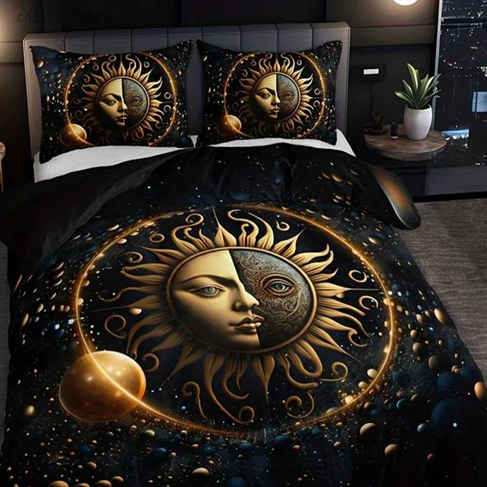 Moon Stars Celestial Sun Duvet Cover Set Golden Printed Bedding Set For Home Decor