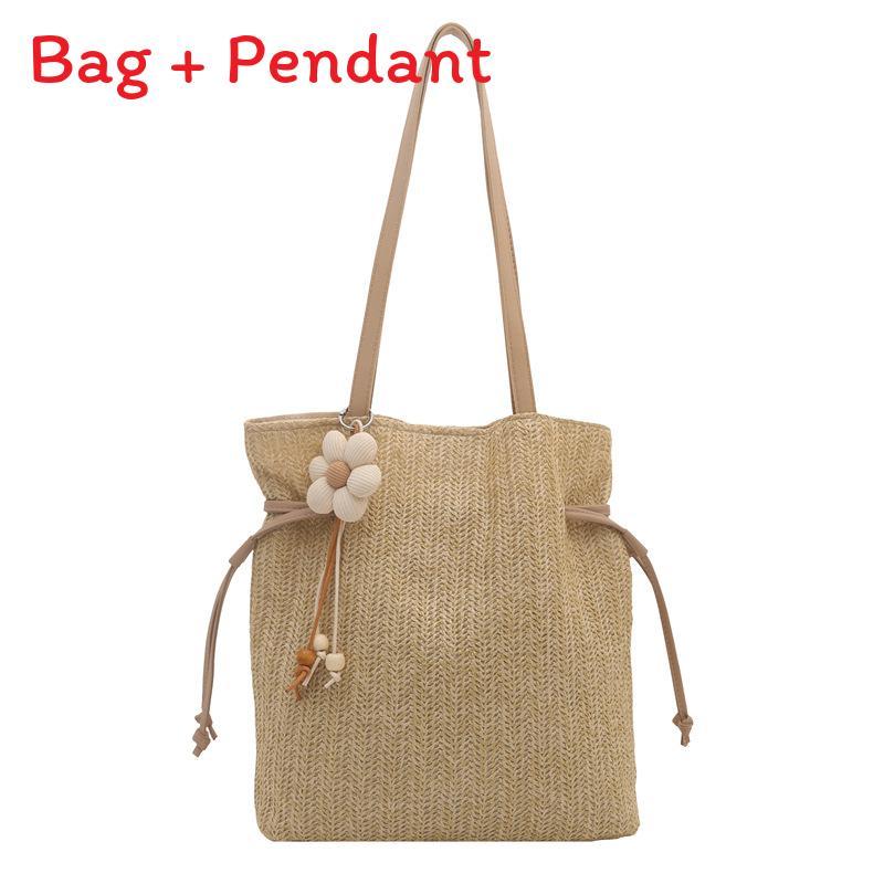Woven Tote Bag For Women With Solid Color And Flower Pendant Design For Daily Use
