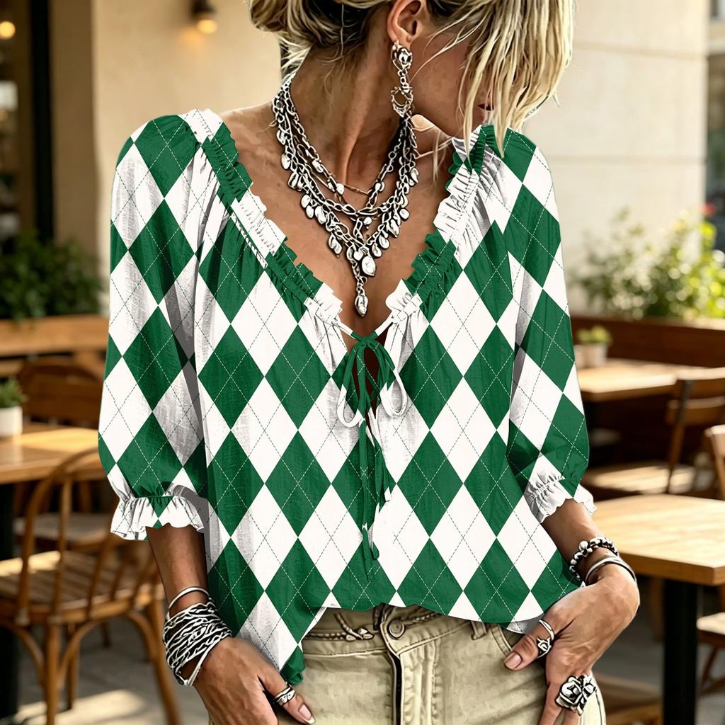 Women's Casual Print Ruffle V-Neck Tie-Front Top for Everyday Wear