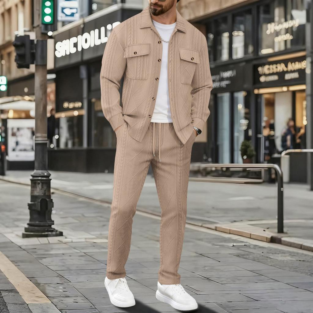 Men's Double Pocket Lapel Jacket Casual Sports Long Sleeve Jacket Pants Set