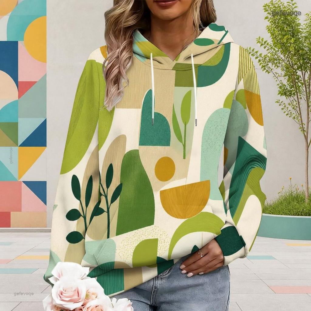 Women Plus Size Geometric Printed Long Sleeve Drawstring Hood Kangaroo Pocket Pullover Hoodie