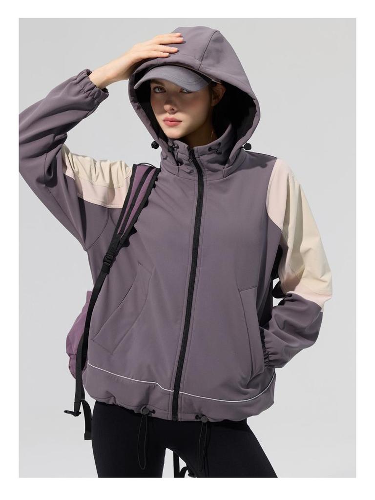 Lotus Leaf Colorblock Softshell Jacket: Water-Repellent, Elastic Hem, Fleece-Lined, Stand Collar