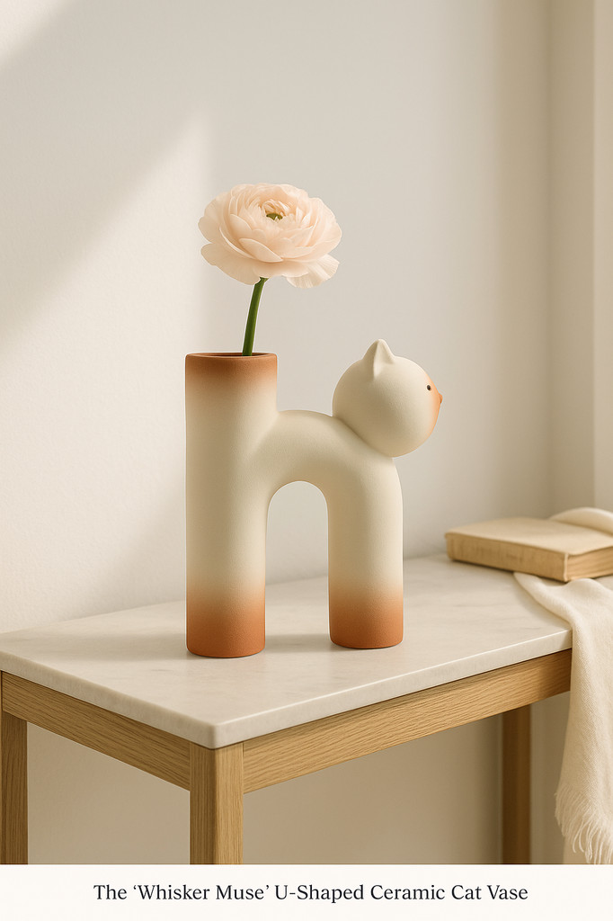 Cat Shaped Ceramic Vase Cute U Tube Birthday Gift Kitty Decorative for Living Room