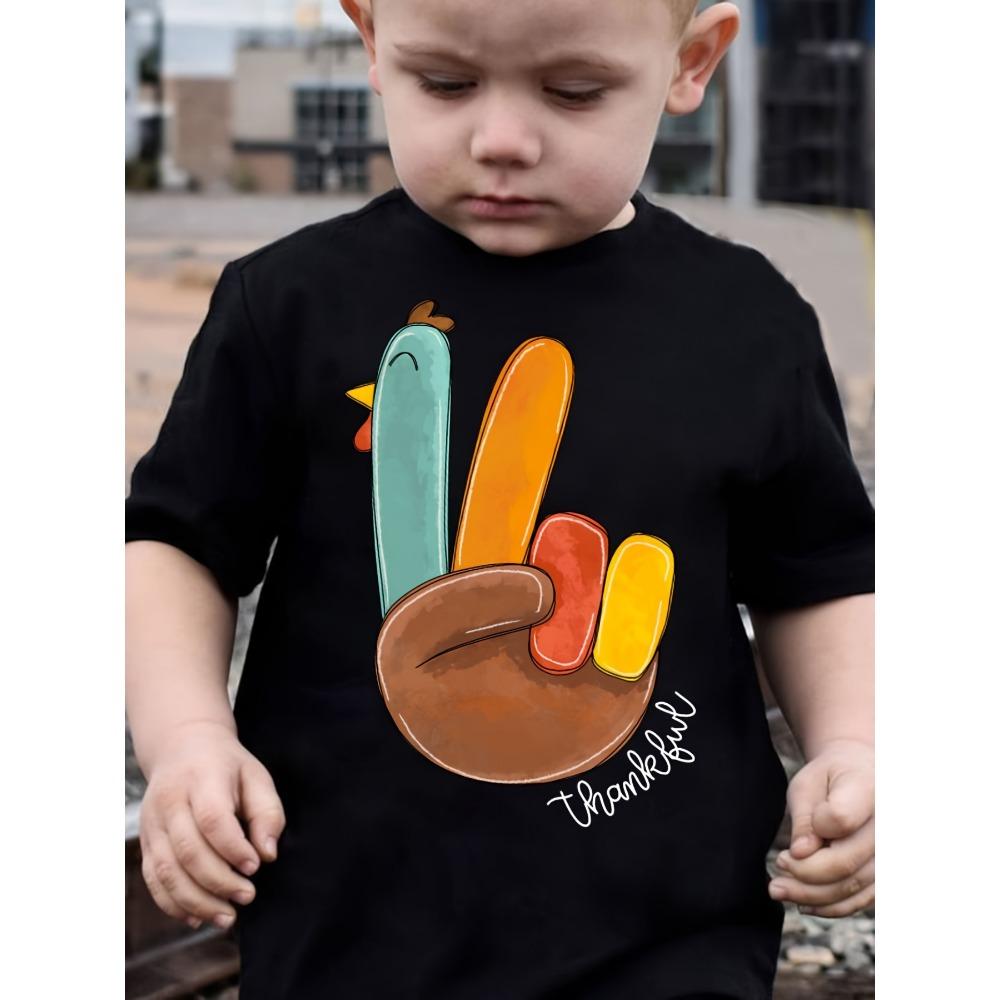 Summer Boys' Fashion T-shirt "Yeah!" Cute Short-sleeved Casual Top with Thanksgiving Letter Print Thankful