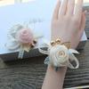 Elastic Pearls Wrist Corsage Adjustable Bridesmaids Bracelet Small Rose Flower Wristband for Weddings and Parties