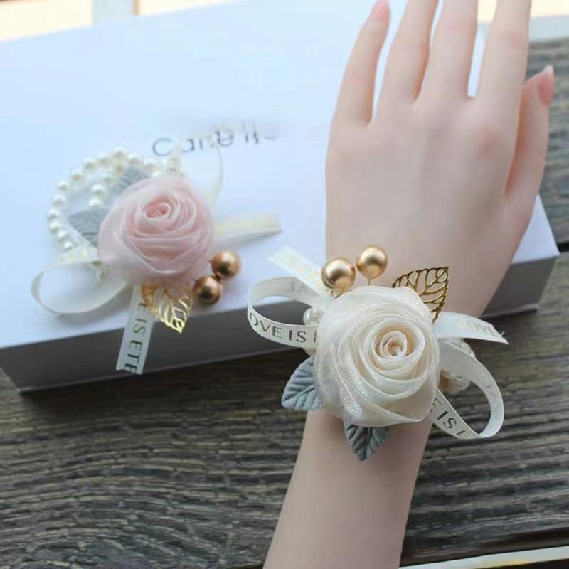 Elastic Pearls Wrist Corsage Adjustable Bridesmaids Bracelet Small Rose Flower Wristband for Weddings and Parties