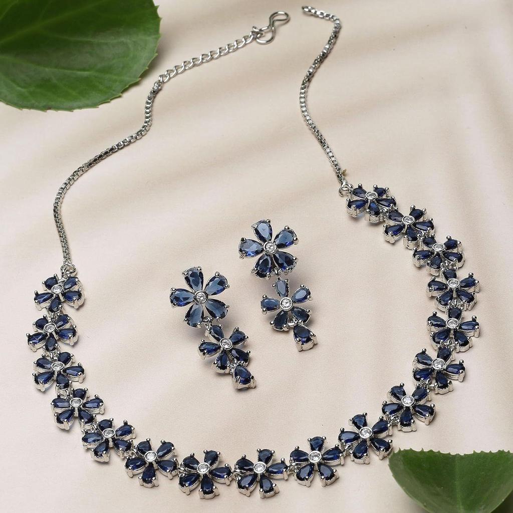 Rhodium Plated Silver Toned White American Diamond Studded Flower Shaped Jewellery Set For Girls and Women