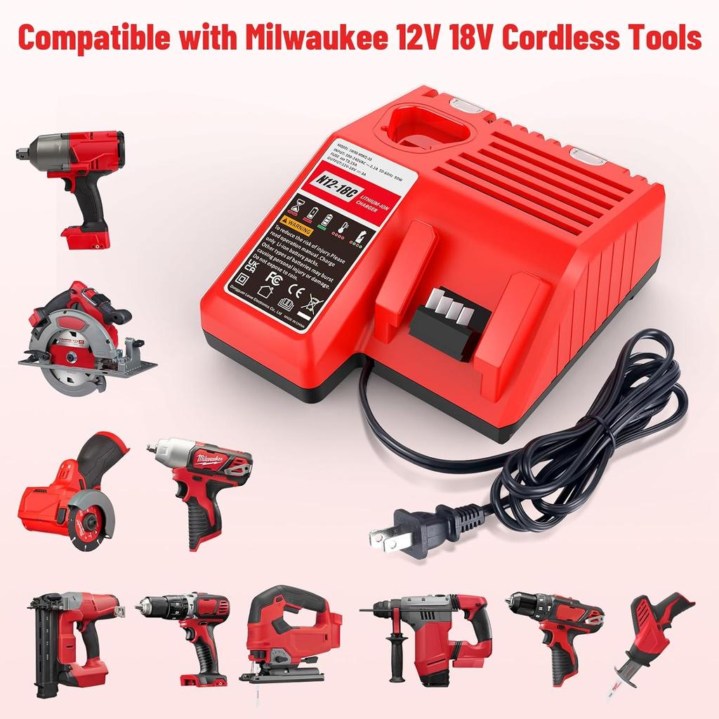 Multil Volatage Rapid Battery Charger - Replacement for Milwaukee 12v 18v Power Tool Lithium Battery 48-11-2412 48-11-2401 48-11-2440 48-11-1862