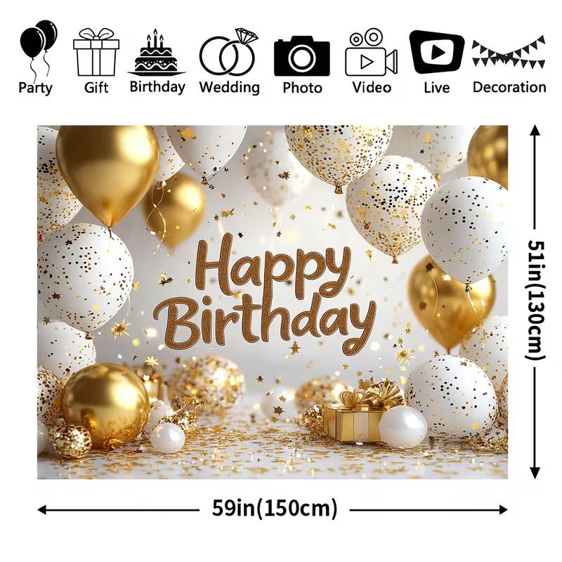 2D White Gold Balloon Happy Birthday Backdrop for Adult Birthday Party
