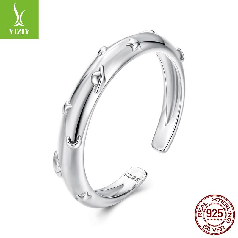 Neutral Wind Planet Open Ring Silver Full Body, Personalized Star Moon S925 Sterling Silver Ring Jewelry
