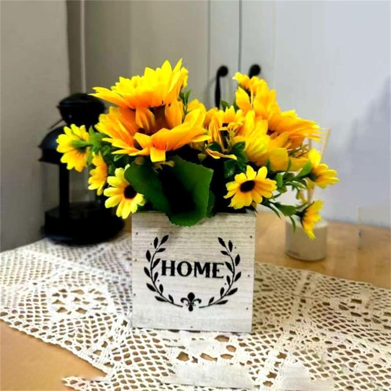 Künstliche Blumensträuße mit Holzpflanzgefäß Künstliche Blumenpflanze in Vase für Terrasse Hochzeitstisch Blumengesteck