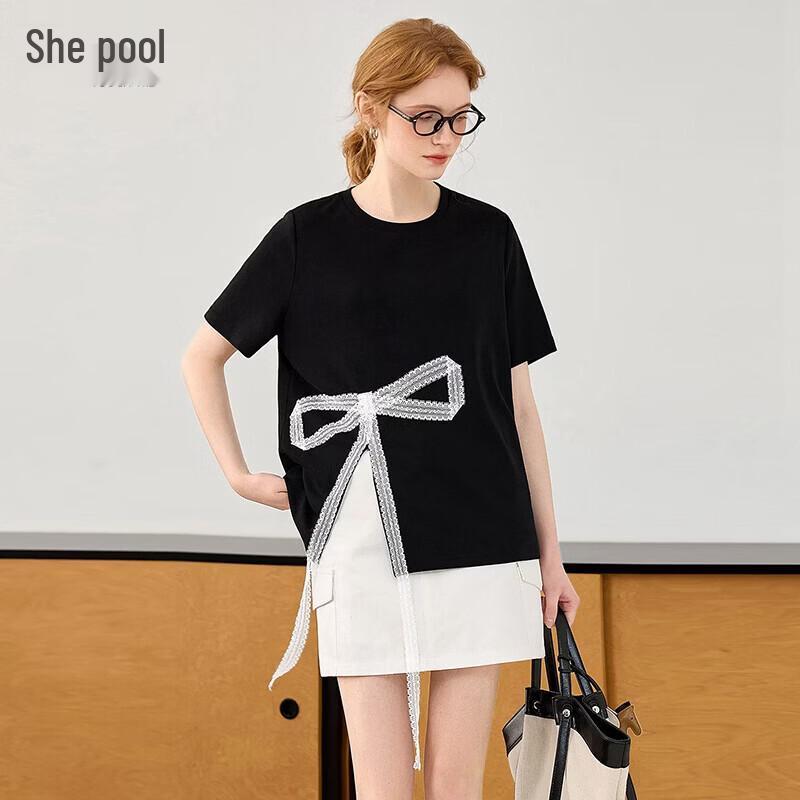 Women s Lace Bow Slit Round Neck Short Sleeve T-Shirt L