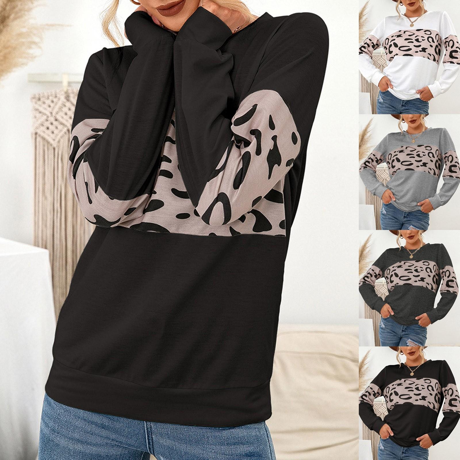 

Женская мода свободный удобный топ с леопардовым принтом и круглым вырезом с длинными рукавами