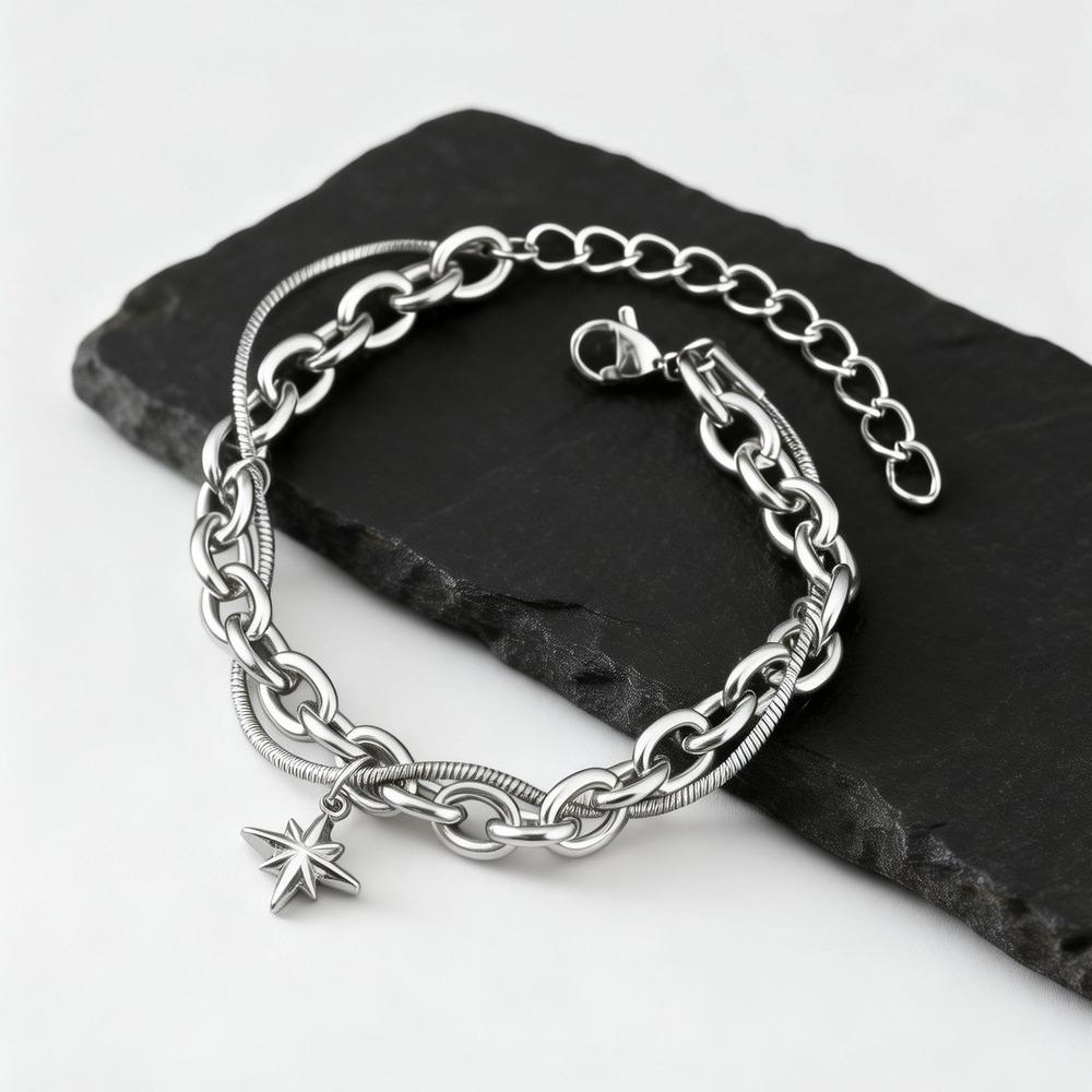 Hiphop Four-point Star Chain Bracelet for Men,Two Layers Stainless Steel Adjustable Chain Link Wristband Gift
