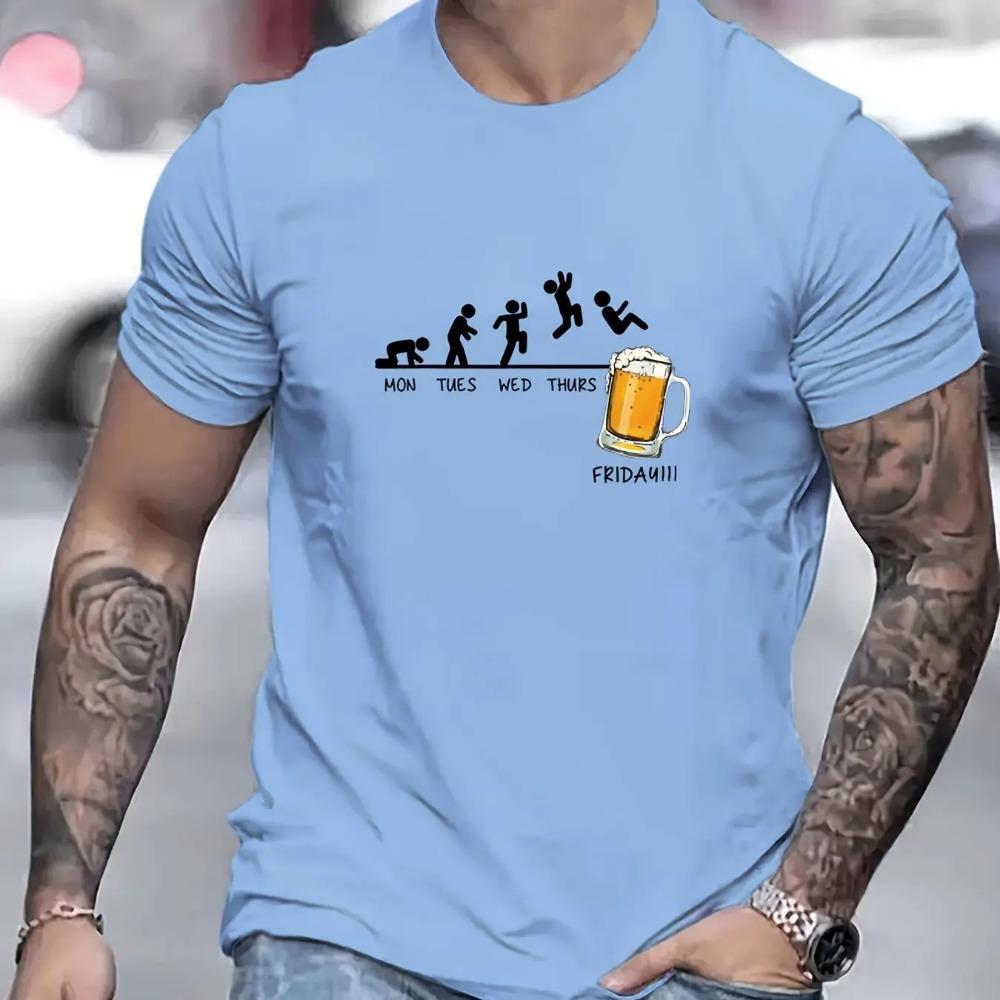 Summer men's 100% cotton casual loose size Jumping In Beer print round neck short sleeved T-shirt top