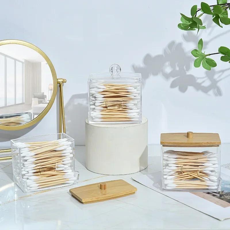 1Pcs Cotton Swab Holder, Cotton Swab Dispenser with Bamboo Lids,Bamboo Bathroom Storage Jars Storage Containers Clear Plastic