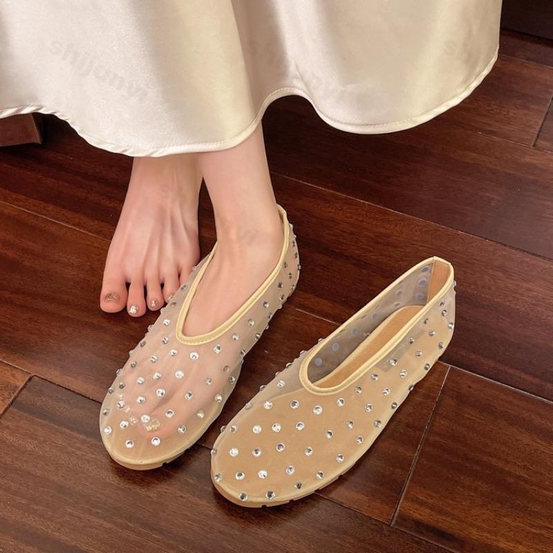 Fashion Summer Women Ballet Flat Shoes Rhinestones 2025 Mesh Mary Jane Shoes Female Soft Breathable Casual Shoes Zapatillas De Mujer
