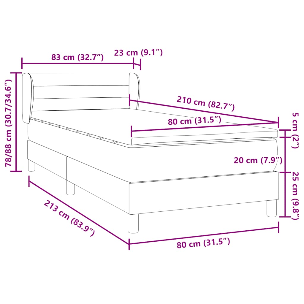 Box Spring Bed with Mattress Light Gray 80 X 210 Cm Velvet