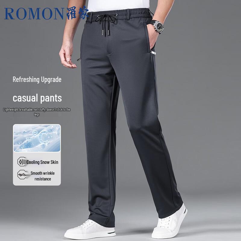 ROMON Men s Summer Elastic Ice Silk Quick-Dry Loose Straight Casual Pants XL