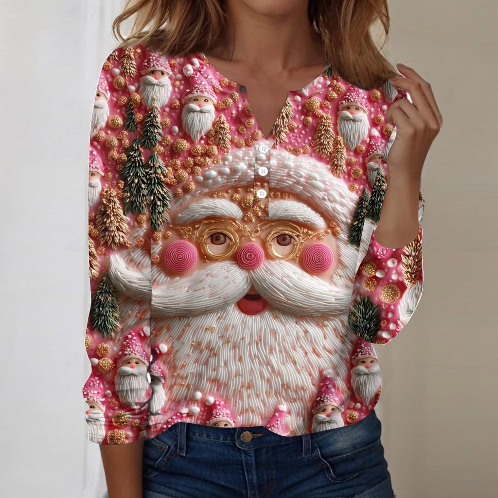 Women's Fashion Casual V-Neck Long Sleeve Decorative Button Christmas Print Top