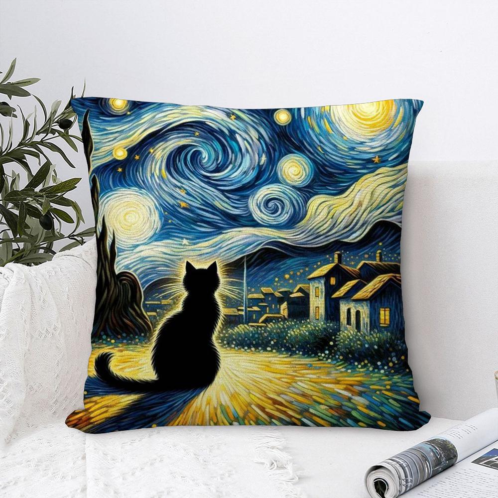 Van Gogh Starry Sky Cat Pillow Case Sofa Decorative Home Double-sided Print Plush Square Throw Pillow Covers Cushion Decor Cover