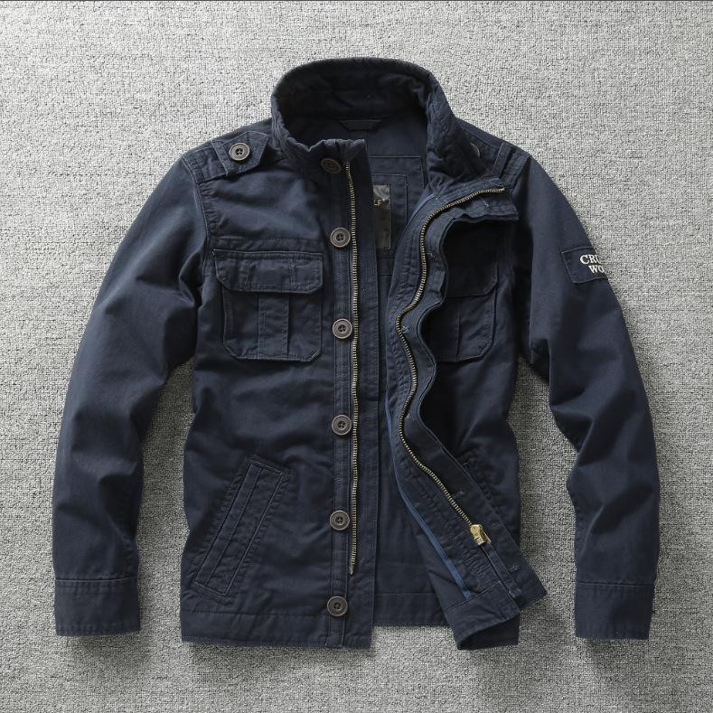 Autumn Men's Cargo Jackets Multi-Pockets Heavyweight Cotton Outdoor Stand Collar Casual Workwear Jackets Man