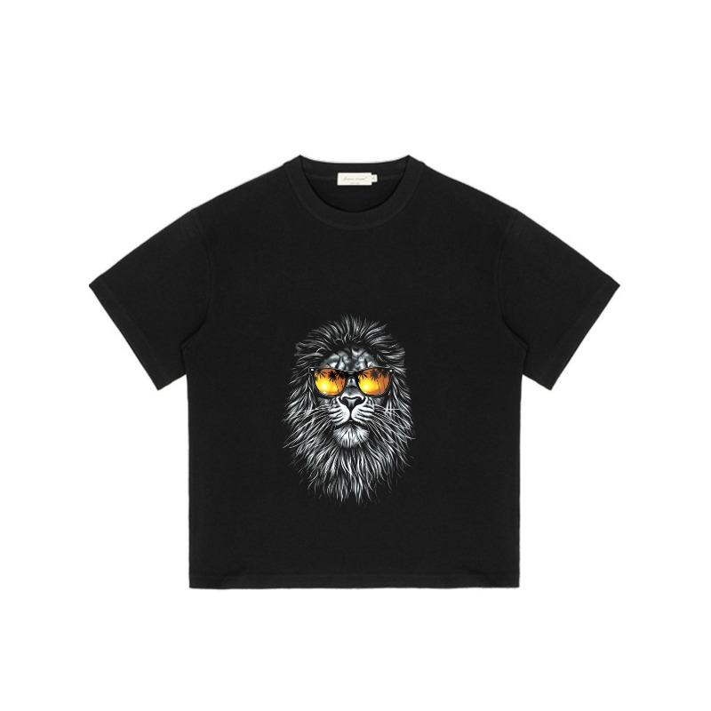 Crewneck T Shirt Black Lion With Sunglasses Print Casual Streetwear For Men