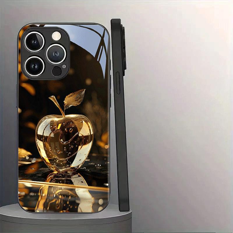 Black Golden Crystal For Apple Pattern Glass Phone Case For iPhone 17 Pro Max 16 15 14 13 12 11 16E 17Air 7 8 Plus XR XS X Cover