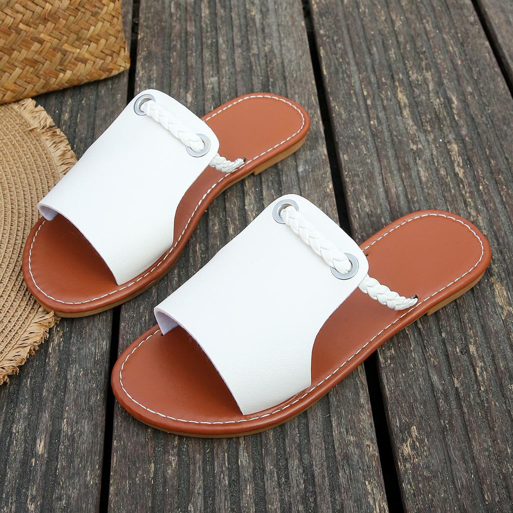 European and American Foreign Trade Large Size Woven Slippers with Fish Mouth Women's Solid Color Outer Wear One Word Beach Cool Slippers 2025