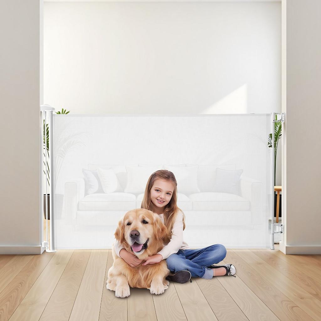 Retractable Baby Gate, Extends To 1850 Mm Wide, 795 Mm Tall, with Security Lock, Easy To Use, Walk Through Without Tripping, Mesh Dog Gate for Stairs,