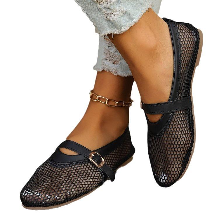 Hollow Mesh Mary Jane Sandals Women's Shallow Mouth Shoes Summer Round Head One-word Belt Buckle Flat Heel Shoes