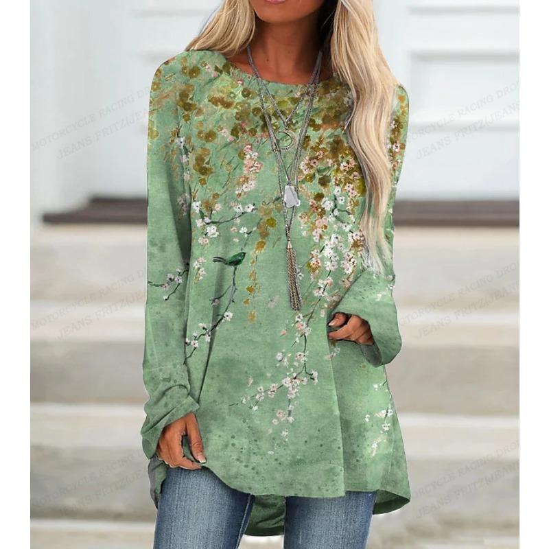 Women T-shirt Summer Floral Print  Fashion Long Sleeve Tshirt Essential Tops Tees Ladies Flower